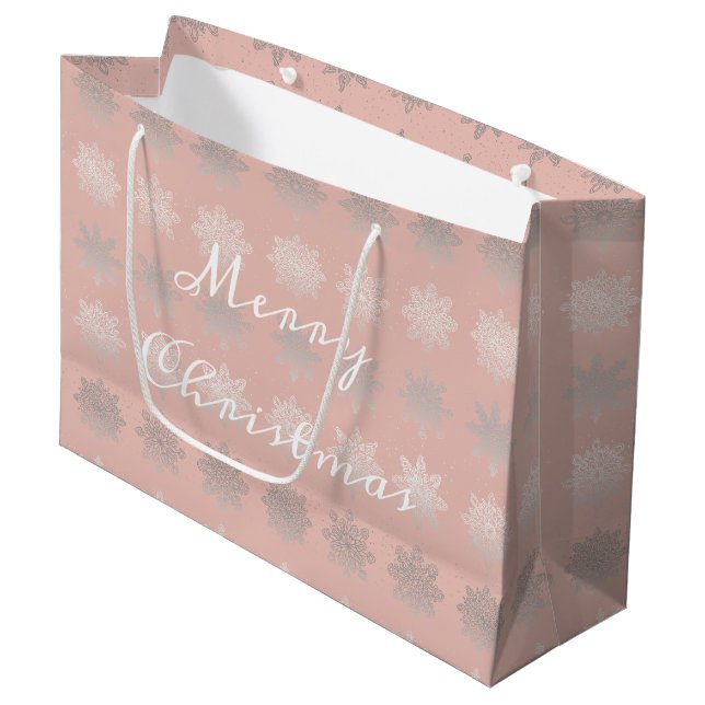 Elegant Christmas snowflake silver rose gold Large Gift Bag (Front Angled)