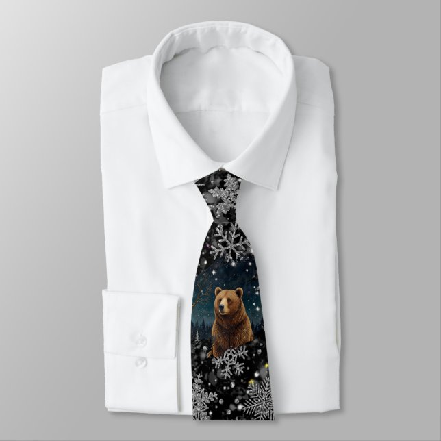 Elegant Christmas snowflakes brown bear Neck Tie (Tied)
