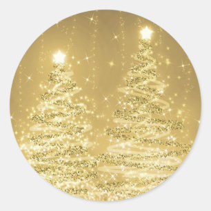 Elegant Christmas Sparkling Trees Gold Classic Round Sticker