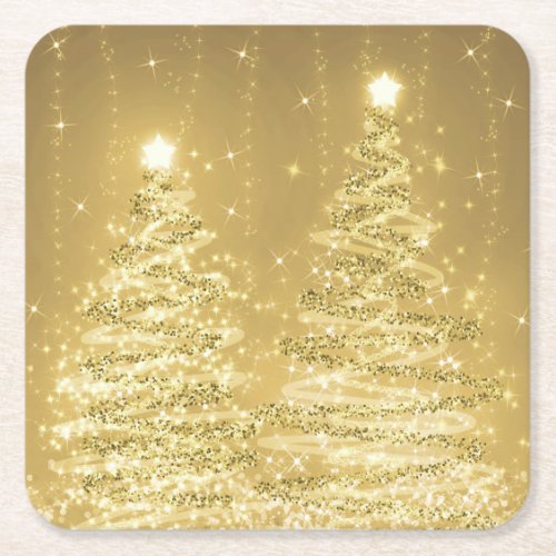 Elegant Christmas Sparkling Trees Gold  Square Paper Coaster