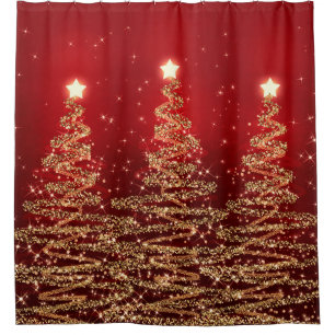 Elegant Christmas Sparkling Trees Red Shower Curtain