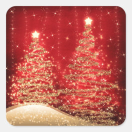 Elegant Christmas Sparkling Trees Red Square Sticker