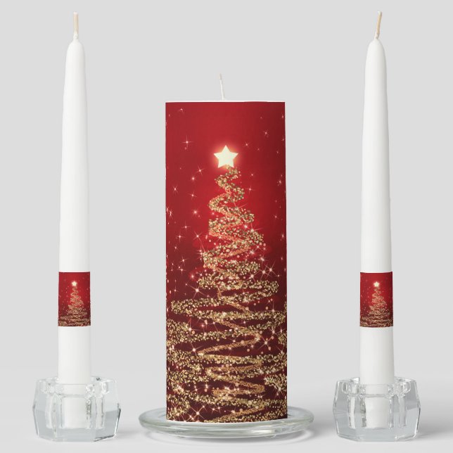Elegant Christmas Sparkling Trees Red Unity Candle Set (Front)