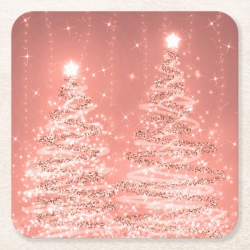 Elegant Christmas Sparkling Trees Rose Gold  Square Paper Coaster