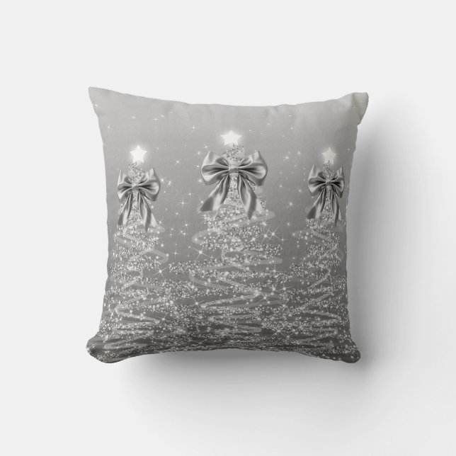 Elegant Christmas Sparkling Trees Silver Faux Bow Throw Pillow (Front)