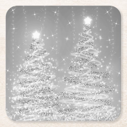 Elegant Christmas Sparkling Trees Silver  Square Paper Coaster