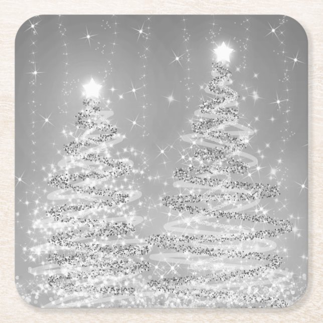 Elegant Christmas Sparkling Trees Silver  Square Paper Coaster (Front)