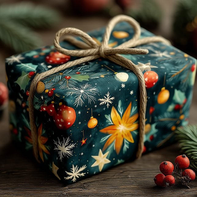 Elegant Christmas Stars Ornaments Winter Botanical Wrapping Paper (Creator Uploaded)