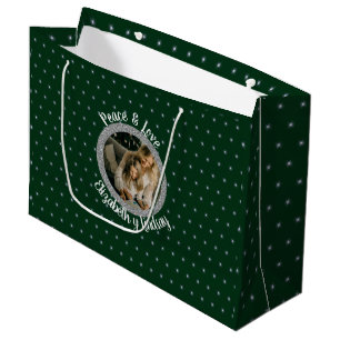 Elegant Christmas Stars Photo & Name Green Large Gift Bag
