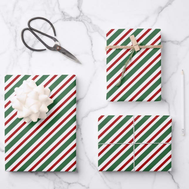 Elegant Christmas Stripes Pattern Red Green White  Wrapping Paper Sheets (Front)