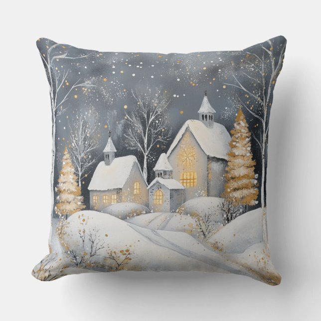 Elegant Christmas Throw Pillow – White and Gold (Front)