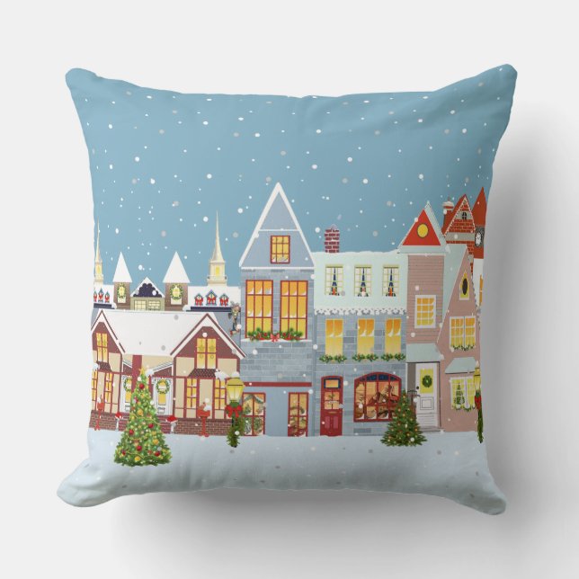 Elegant Christmas Town on Sky Blue  Throw Pillow (Front)