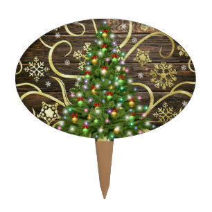 Elegant Christmas Tree Barn Wood Gold Design Cake Topper
