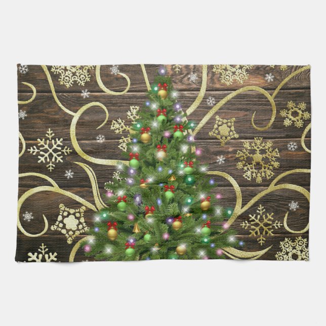 Elegant Christmas Tree Barn Wood Gold Design Kitchen Towel (Horizontal)