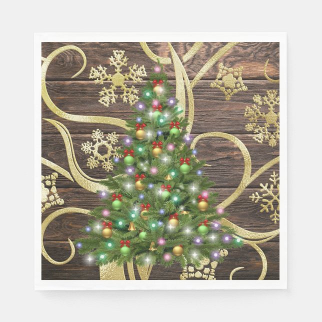 Elegant Christmas Tree Barn Wood Gold Design Napkins (Front)