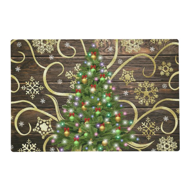 Elegant Christmas Tree Barn Wood Gold Design Placemat (Front)
