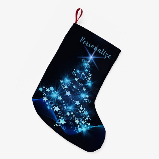 Elegant Christmas Tree Blue Black Stars Holiday Small Christmas Stocking (Front (Hanging))