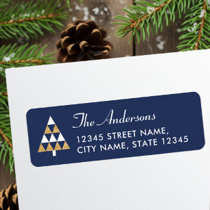 Elegant Christmas Tree Blue Gold Return Address Label
