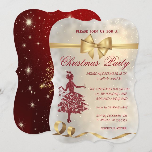 Elegant Christmas Tree ,Bow,Red,Christmas Party Invitation (Front/Back)