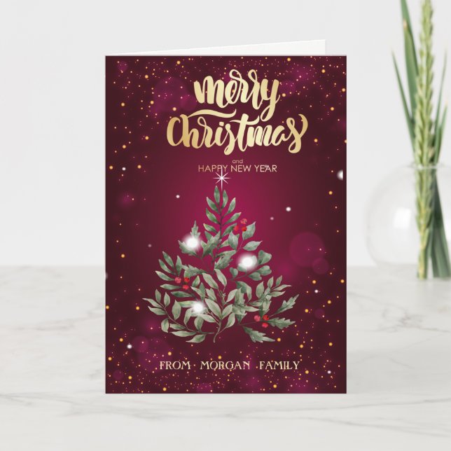 Elegant Christmas Tree Branches Red Holiday Card (Front)
