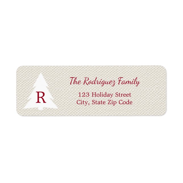 Elegant Christmas Tree Burgundy Monogram on Beige Label (Front)