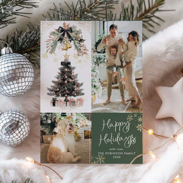 Elegant Christmas Tree Dark Happy Holidays 2 Photo Holiday Card (Creator Uploaded)