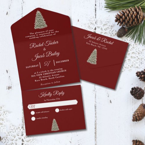 Elegant Christmas Tree Dark Red Christmas Wedding All In One Invitation