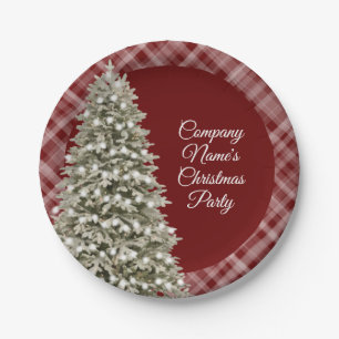 Elegant Christmas Tree Dark Red Plaid Party Paper Plates