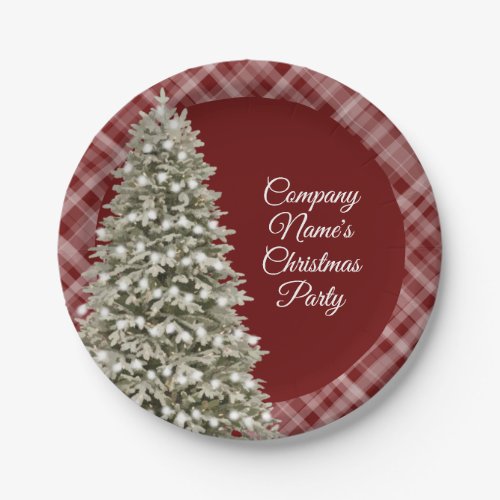 Elegant Christmas Tree Dark Red Plaid Party Paper Plates