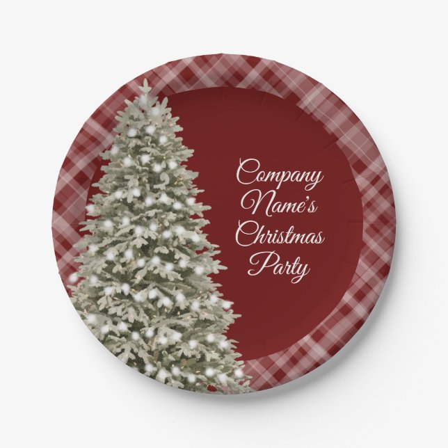 Elegant Christmas Tree Dark Red Plaid Party Paper Plates (Front)