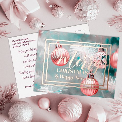 Elegant Christmas Tree Decorated with Pink Baubles Foil Holiday Postcard