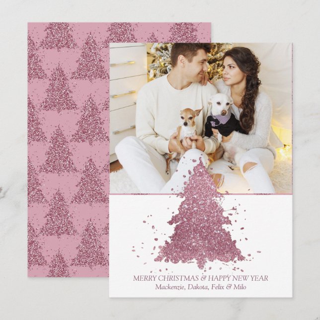 Elegant Christmas Tree | Dusty Mauve Pink Photo Holiday Card (Front/Back)