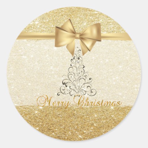 Elegant Christmas treeFaux Gold BowGlittery Classic Round Sticker