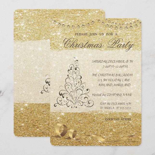 Elegant Christmas Tree,Glittery ,Christmas Party Invitation (Front/Back)
