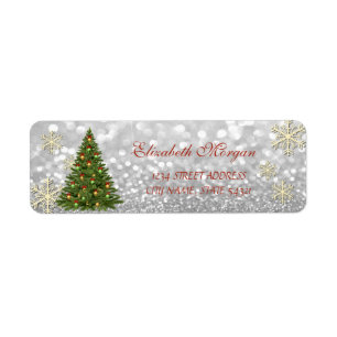 Elegant Christmas Tree Glittery Snowflakes Label