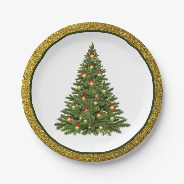 Elegant Christmas Tree / Gold Glitter Paper Plate (Front)