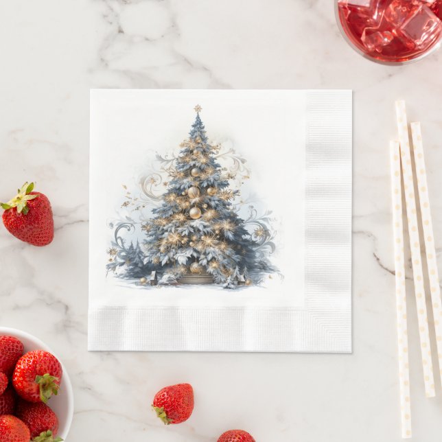 Elegant Christmas Tree Gold Ornaments Snow Napkins (Insitu)