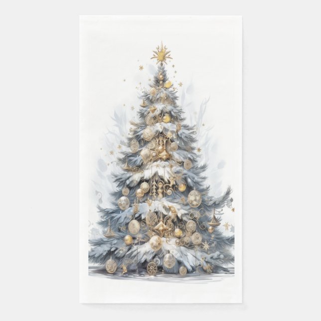  Elegant Christmas Tree Gold Ornaments Snow Paper Guest Towels (Front)