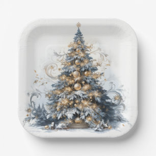 Elegant Christmas Tree Gold Ornaments Snow Paper Plates