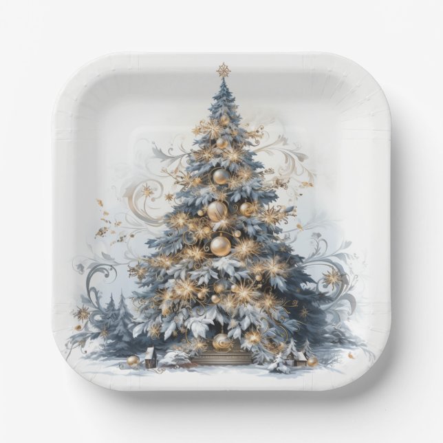  Elegant Christmas Tree Gold Ornaments Snow Paper Plates (Front)
