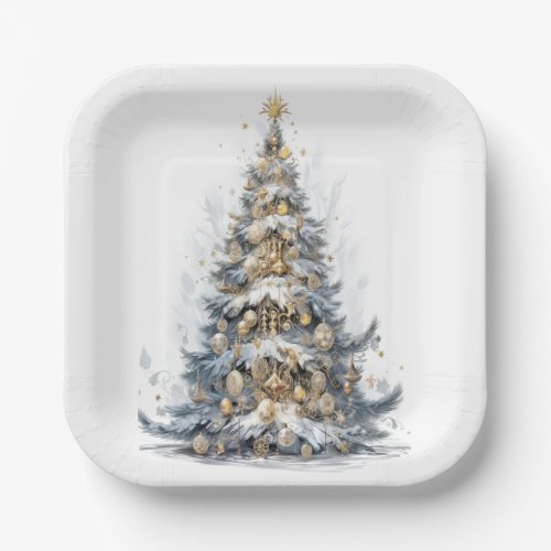  Elegant Christmas Tree Gold Ornaments Snow Paper Plates