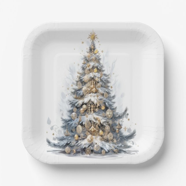  Elegant Christmas Tree Gold Ornaments Snow Paper Plates (Front)
