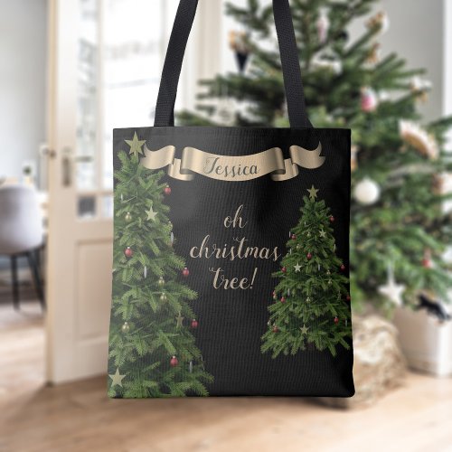 Elegant Christmas Tree Gold Ribbon Name Black Tote Bag