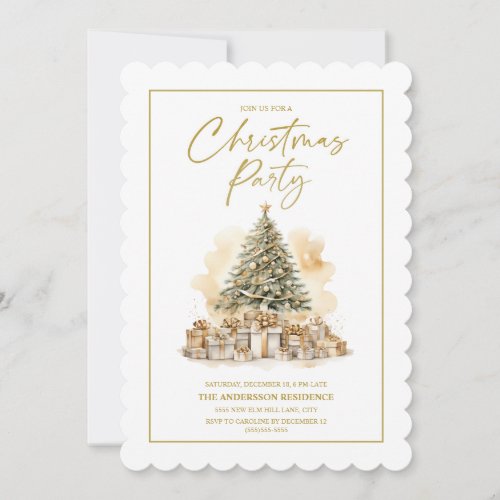 Elegant Christmas Tree Gold White Gifts Party Invitation