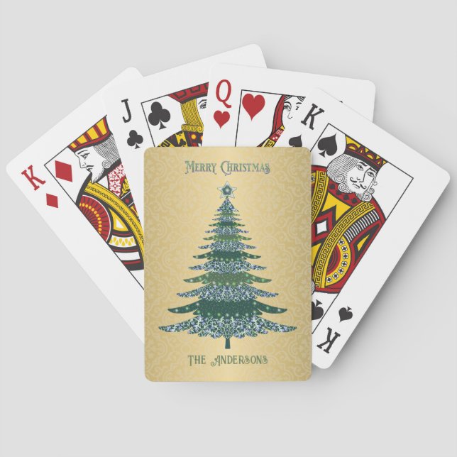 Elegant Christmas Tree Green Gold Name Ornaments Poker Cards (Back)