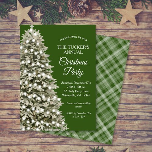 Elegant Christmas Tree Green Plaid Christmas Party Invitation
