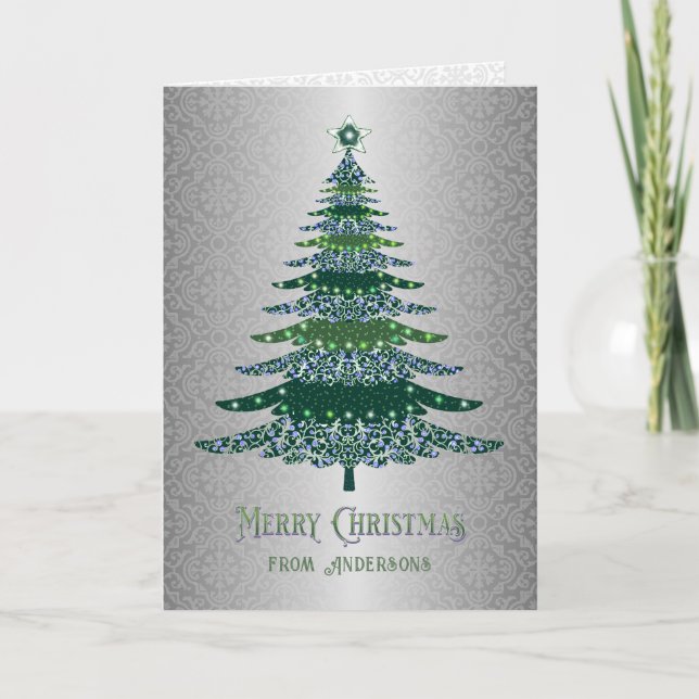 Elegant Christmas Tree Green Silver Name Custom Holiday Card (Front)
