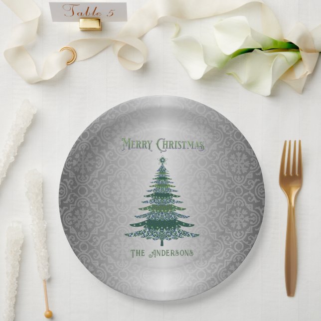 Elegant Christmas Tree Green Silver Name Ornaments Paper Plates (Wedding)