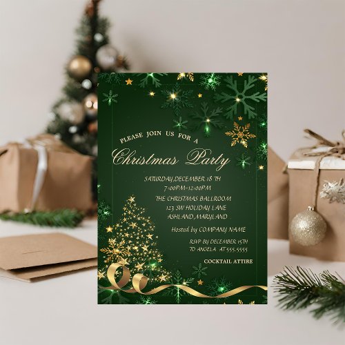 Elegant Christmas Tree Green Snowflakes Christmas  Invitation