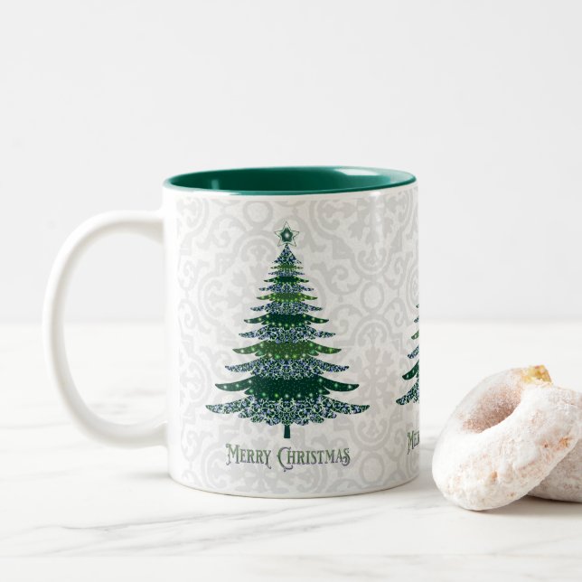 Elegant Christmas Tree Green White Two-Tone Coffee Mug (With Donut)